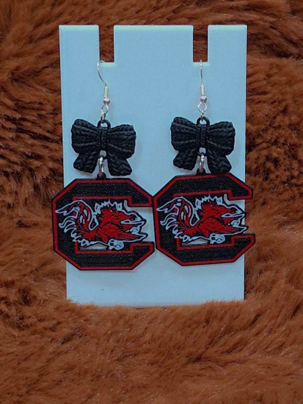 Black and Red Gamecock Bow Drop Earrings